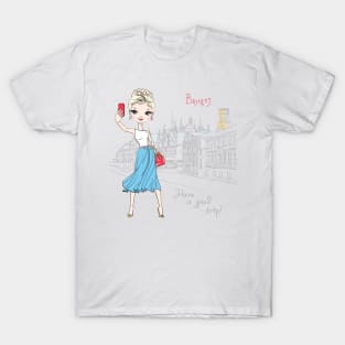 Cute girl makes selfie in Bruges T-Shirt